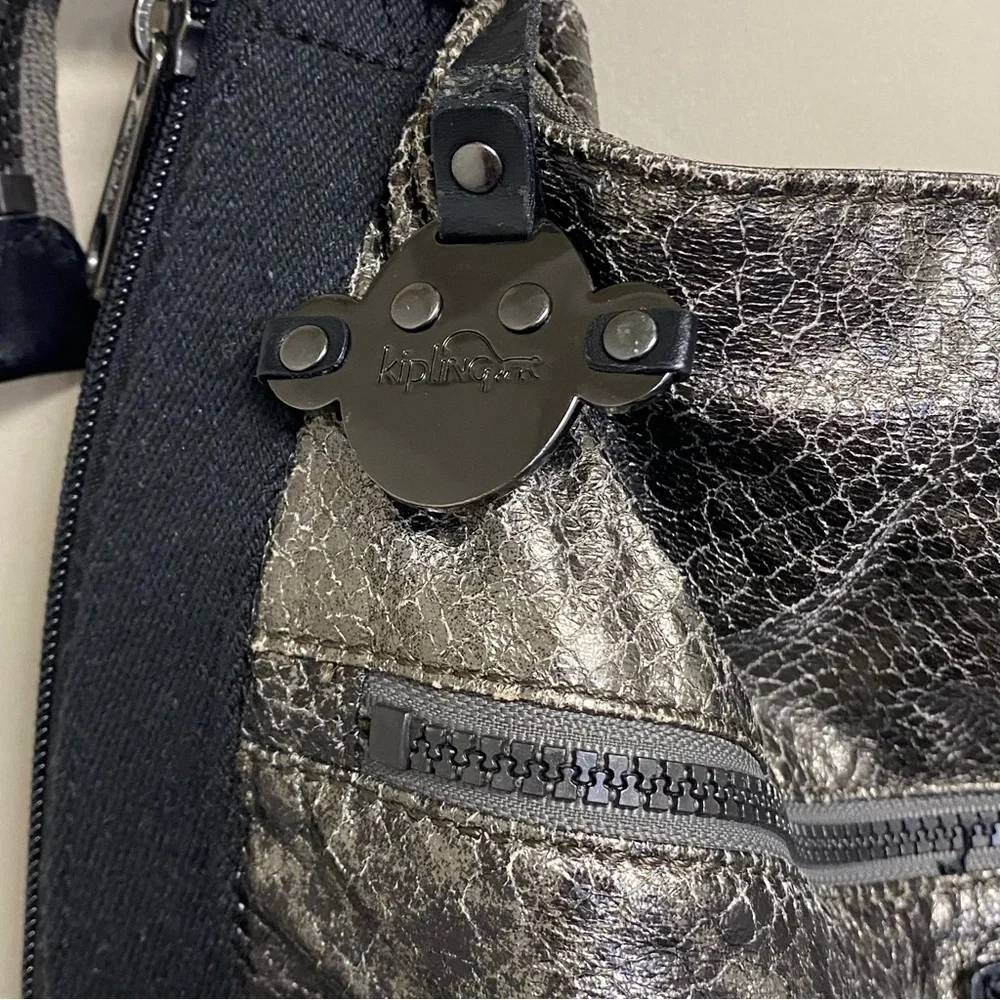 Kipling Women’s Purse Shoulder Bag Hobo Handbag Silver Gold Metallic Futuristic